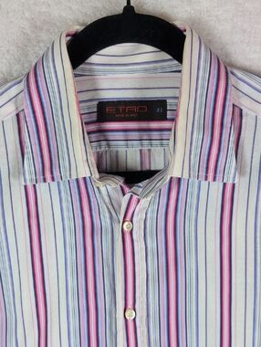 Etro Men's Multi-Stripe Button-Up Shirt in White, Pink & Blue